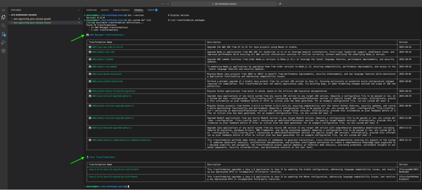 Screenshot of AWS Transform interface displaying categorized lists of AWS Managed transformations and user-defined custom
transformations.