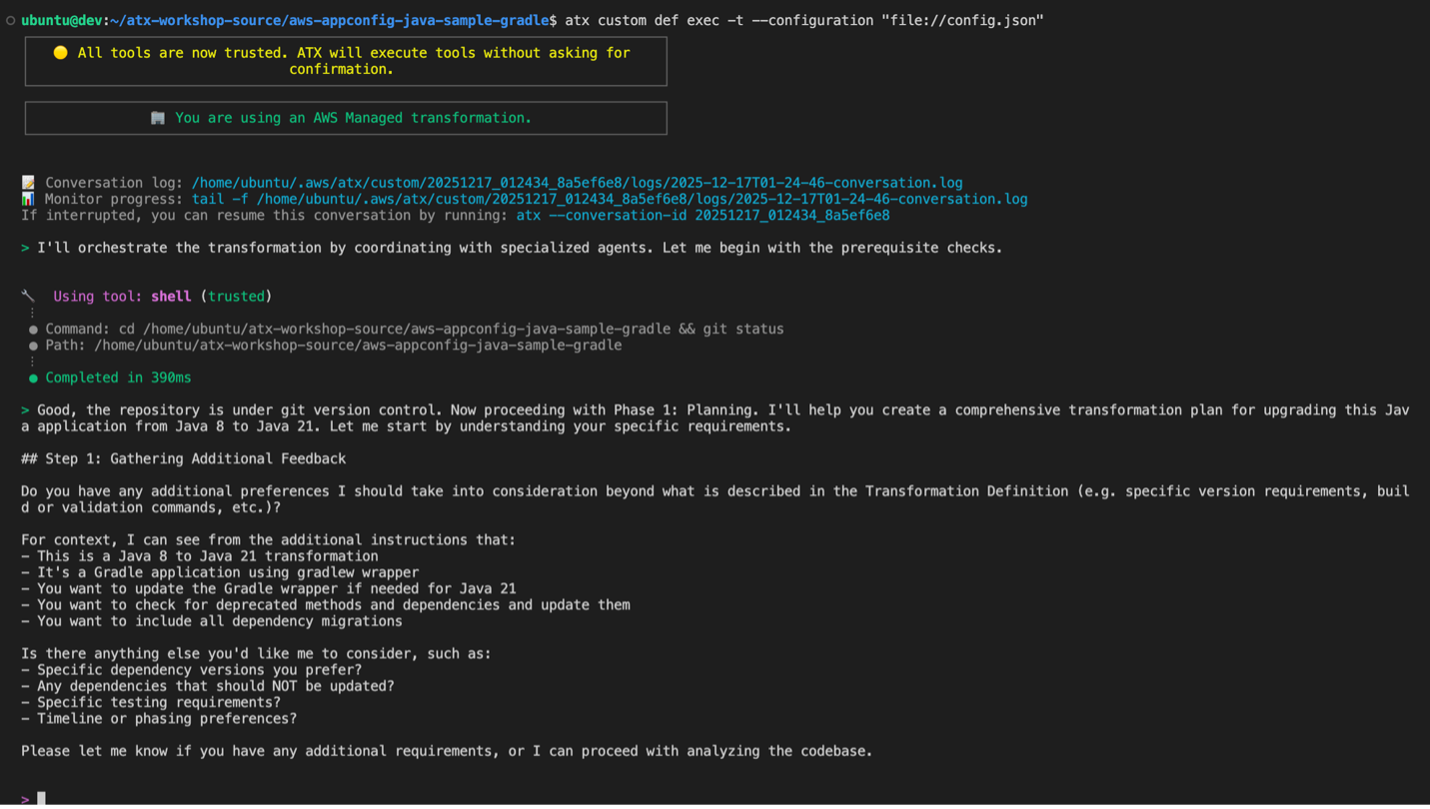 Screenshot of AWS Transform interface displaying categorized lists of AWS Managed transformations and user-defined custom transformations.