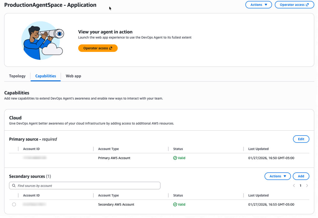 Shows the Agent Space Management Console and in particular the capability to configure your Agent Space to access multiple accounts.