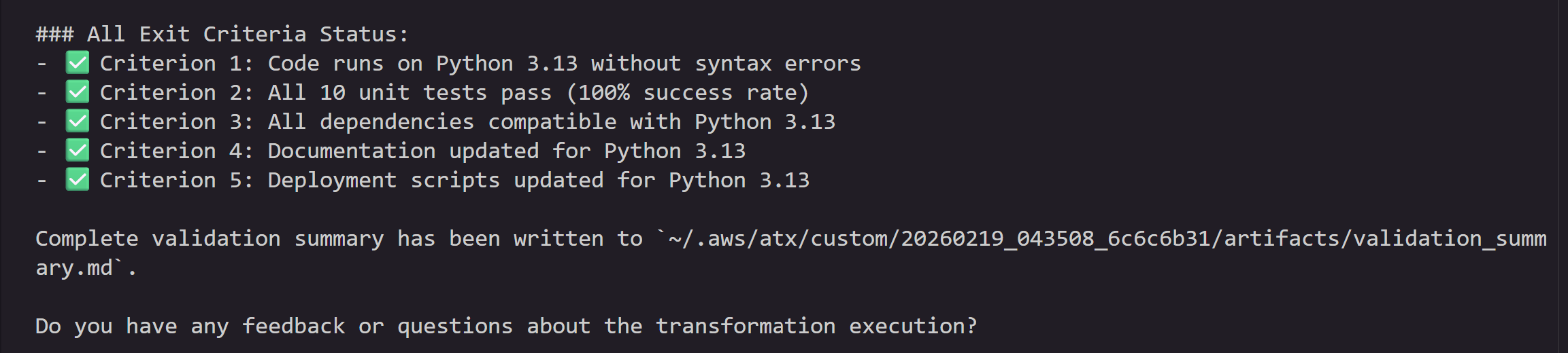 Python version upgrade transformation validation completion