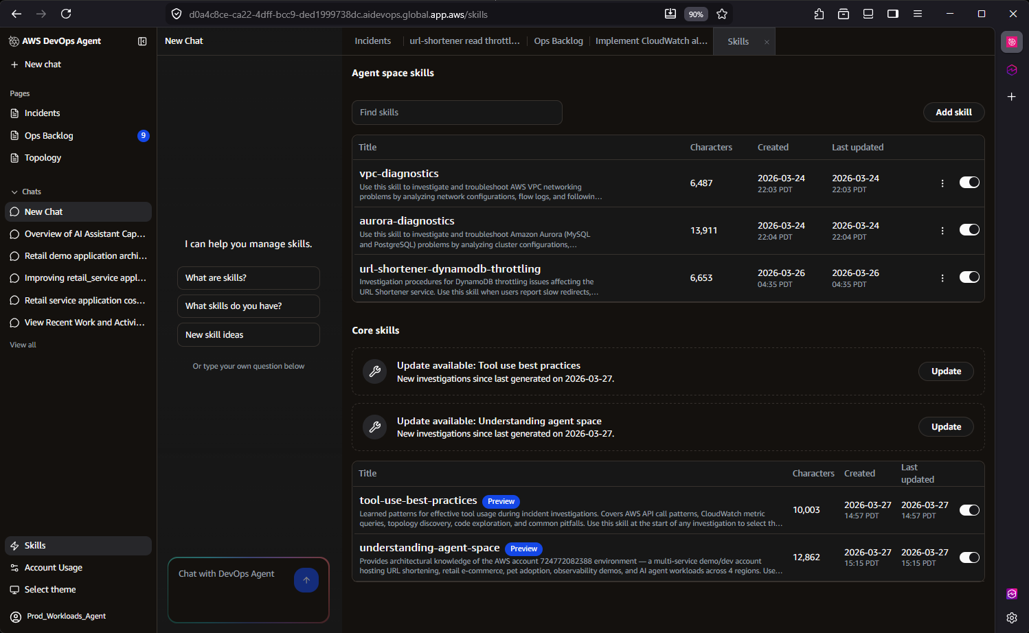 Screenshot showing user-defined and learned skills configured for the AWS DevOps Agent