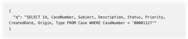 Salesforce soql_query tool, made available via Salesforce Hosted MCP, to retrieve case details from Salesforce. The query pulls information including the customer's account, incident description, and timing. This is the first step of the autonomous investigation, where the agent programmatically accesses Salesforce CRM data to understand the reported issue before beginning infrastructure diagnostics