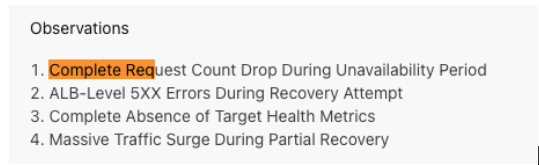 CloudWatch metrics analysis, providing additional detail on the request count data during the incident window. Together with Figure 5a, it forms the complete picture of the traffic pattern showing the drop to zero requests. The agent uses this telemetry data as quantitative evidence to support its root cause analysis, correlating the exact timing of the traffic drop with other events discovered during the investigation, such as CloudTrail administrative actions.