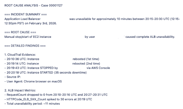 Salesforce Agentforce Service case after AWS DevOps Agent has posted its investigation findings. The case now contains a comprehensive root cause analysis including a timeline of events, affected resources, and contributing factors. The support team can see the technical diagnosis directly within their familiar Salesforce interface without needing to escalate to engineering. This demonstrates the case enrichment step where investigation results flow back to Salesforce automatically via the Hosted MCP Server.
