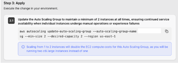 Showing a portion of the step-by-step remediation instructions generated by AWS DevOps Agent. These instructions provide specific, immediately actionable guidance that operations teams can follow to implement the recommended mitigations. The instructions go beyond high-level recommendations to include concrete implementation steps. Due to length, only a portion of the full plan is shown, demonstrating the depth and specificity of the agent's remediation guidance for preventing future occurrences of the identified issue.