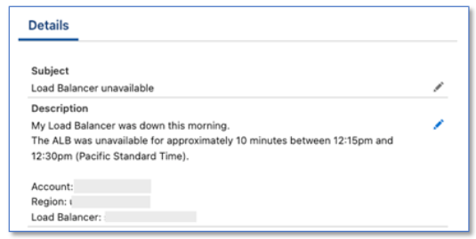 Salesforce Agentforce Service interface displaying a customer-reported support case. The case details include the customer's complaint about an application being unavailable. This is the starting point of the automated investigation workflow, where a customer opens a case reporting a service disruption. The interface shows standard Salesforce case fields such as account information, incident description, and timing details that will be used by AWS DevOps Agent to initiate its autonomous infrastructure investigation.