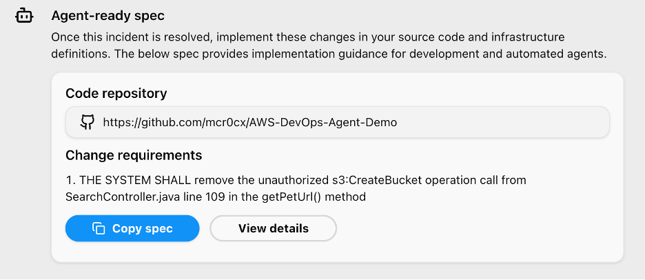Screenshot showing the "Agent-ready spec" screen in DevOps Agent console.