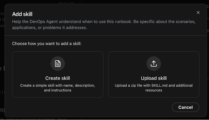 Screenshot showing the Skills definition page in the DevOps Agent Operator console.