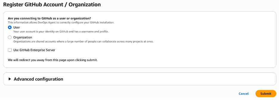 Screenshot with further details to configure your GitHub connection in DevOps Agent.