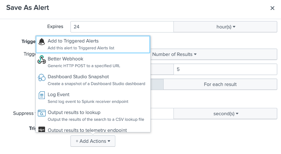 Screenshot showing the creation of an alert in Splunk.