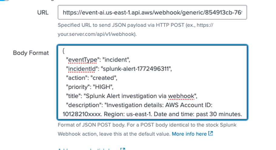 Screenshot showing formatting the body of your alerts from Splunk to DevOps Agent in the Splunk alerts form.