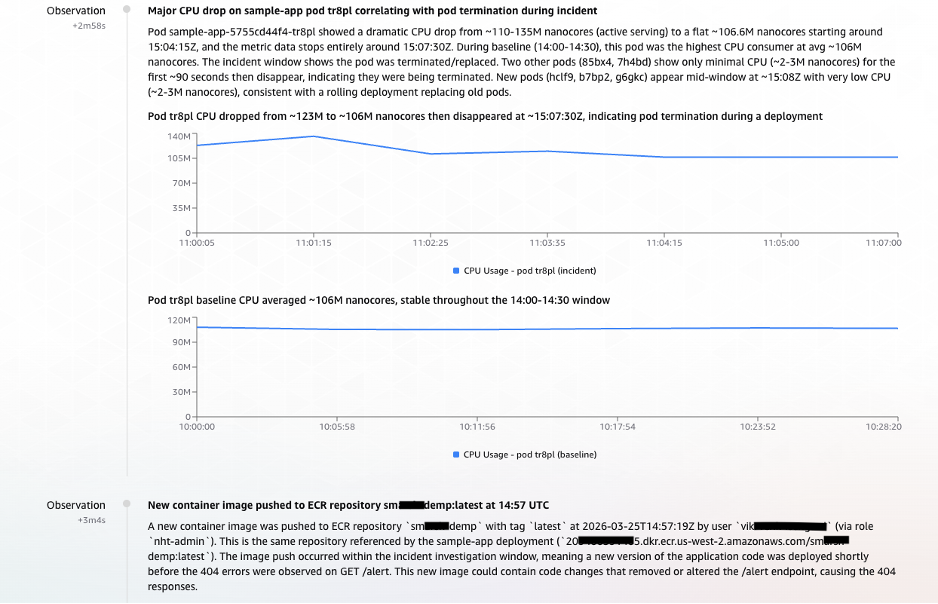 Screenshot showing parallel task observations streaming into AWS DevOps Agent. Anomalous CPU behavior indicates pod disruption from a rolling deployment, and CloudTrail evidence links an ECR image push by user vik at 14:57:19 UTC to the deployment that introduced the failing endpoint.