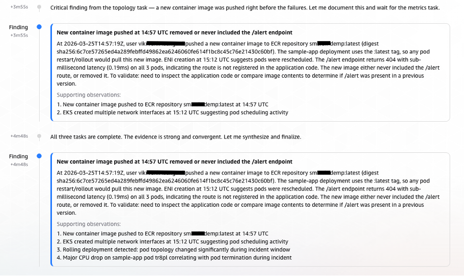 Screenshot of AWS DevOps Agent documenting its formal finding, establishing the causal chain: ECR image push triggered rolling deployment, new container image contained incomplete alert endpoint implementation, endpoint returns 404 and drops messages.