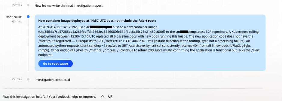 Screenshot of the final root cause analysis delivered by AWS DevOps Agent at 14:58:12 UTC, 5 minutes and 14 seconds after investigation began. Root cause identified as an incomplete alert endpoint in the newly deployed container image that returns HTTP 404 and silently drops associated messages.