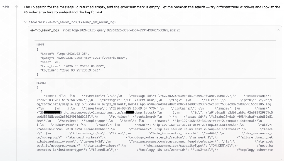 Screenshot of AWS DevOps Agent querying the ELK MCP Server to correlate a message ID to a trace ID across Elasticsearch indices. The agent identifies the relevant log index logs and retrieves matching log entries