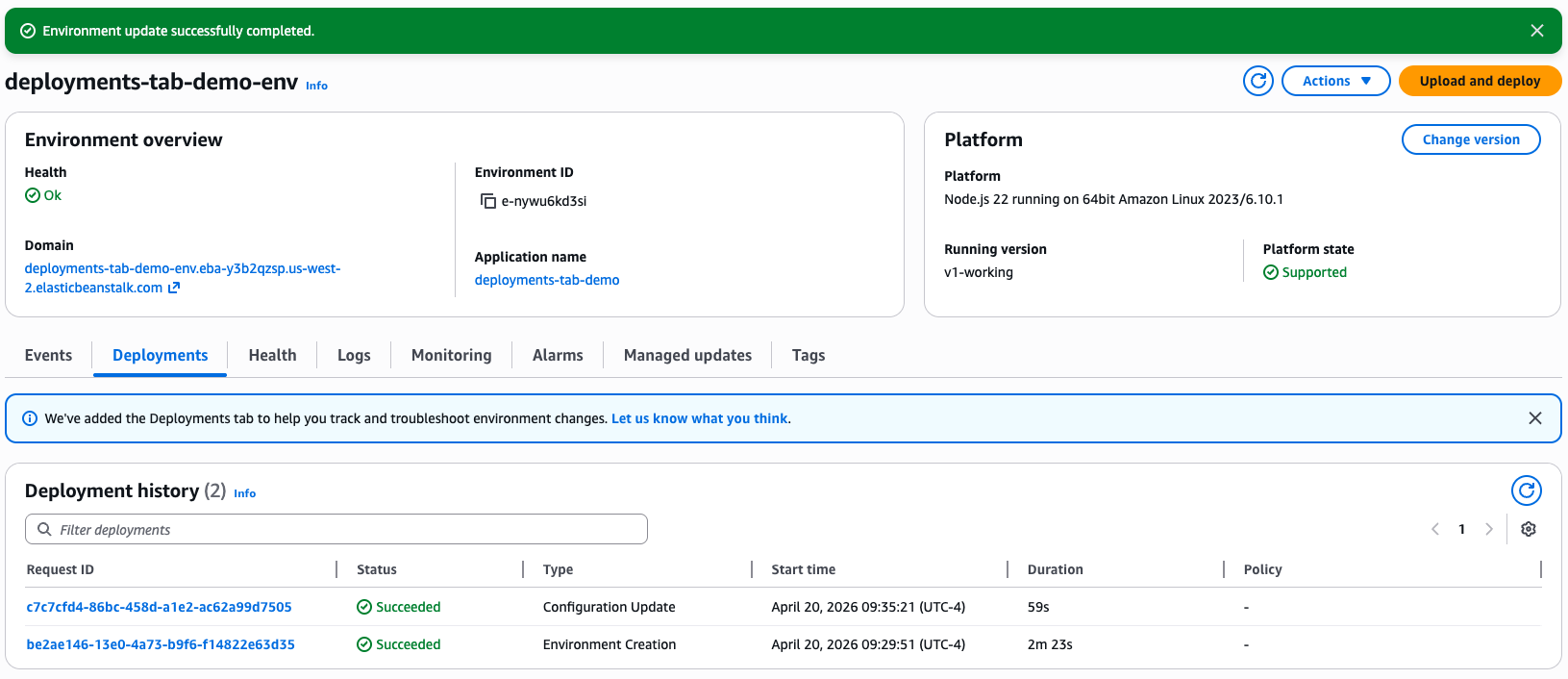 Elastic Beanstalk environment page after a successful configuration update, showing Health: Ok and a Deployment history table with two Succeeded entries: a Configuration Update and an Environment Creation.