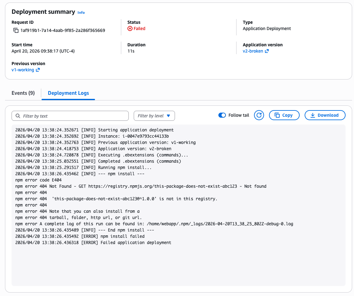 Deployment details page for a failed Application Deployment, showing Status: Failed in the summary and Deployment Logs containing yum package errors ("No package eb-noti-abc123-1.0.0 available").