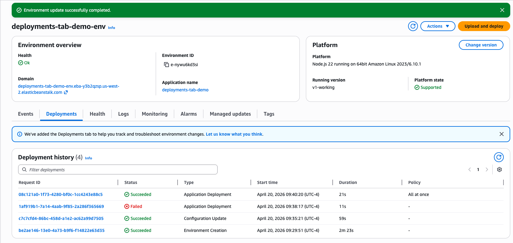 Elastic Beanstalk environment Deployments tab showing a Deployment history of four entries — two Application Deployments (one Succeeded, one Failed), one Configuration Update, and one Environment Creation.