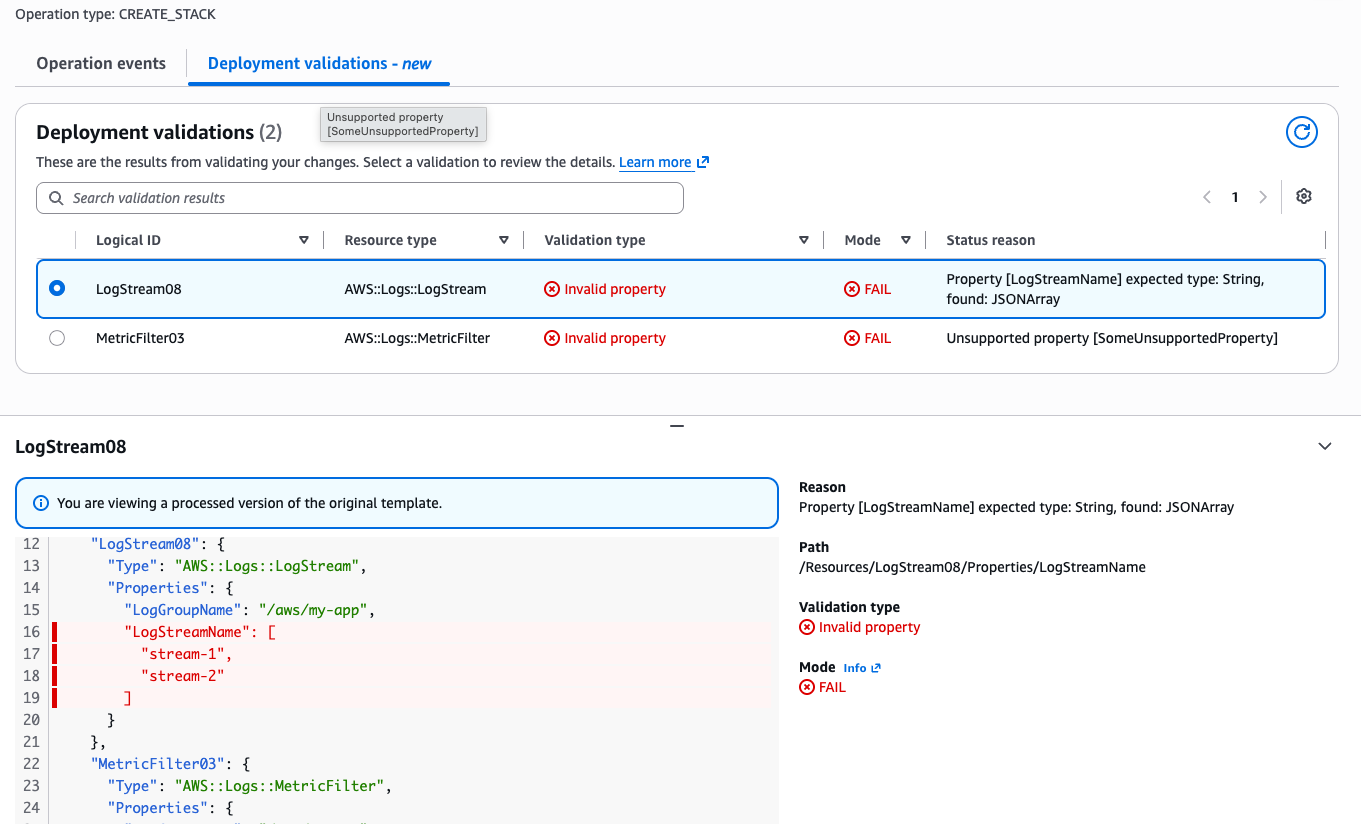 Figure 2 Deployment validations tab showing property validation failures on CreateStack