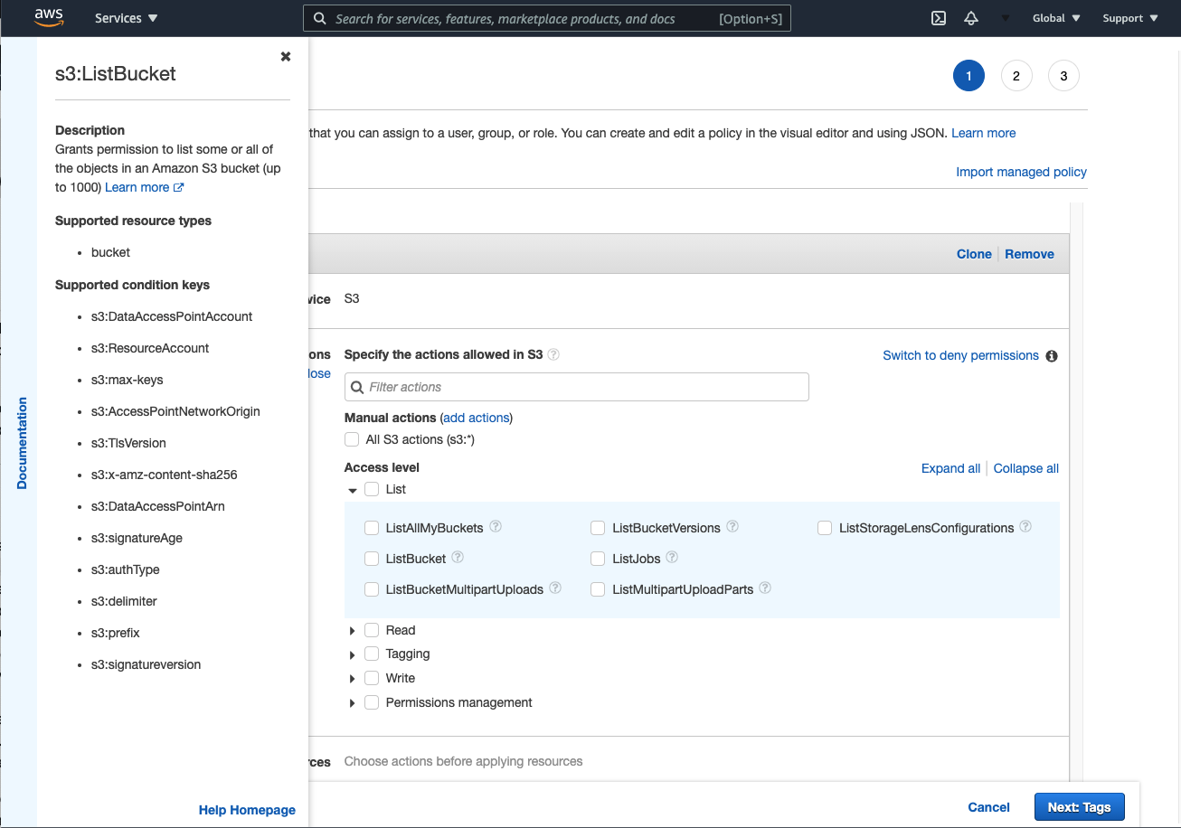 Figure 1 - IAM policy visual editor with S3 List actions expanded and s3:ListBucket documentation in the sidebar.