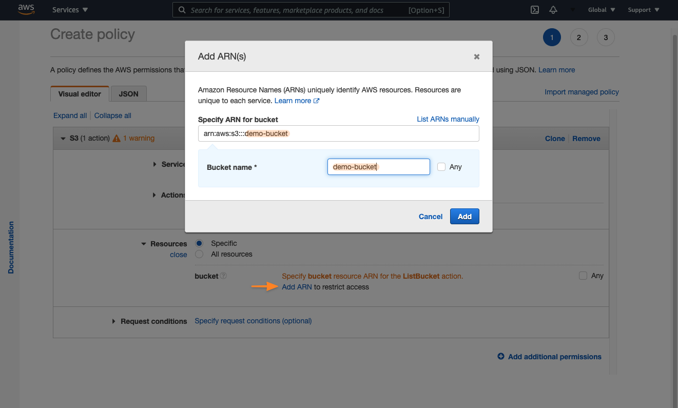 Figure 2 - IAM policy visual editor when specifying an ARN as your resource.