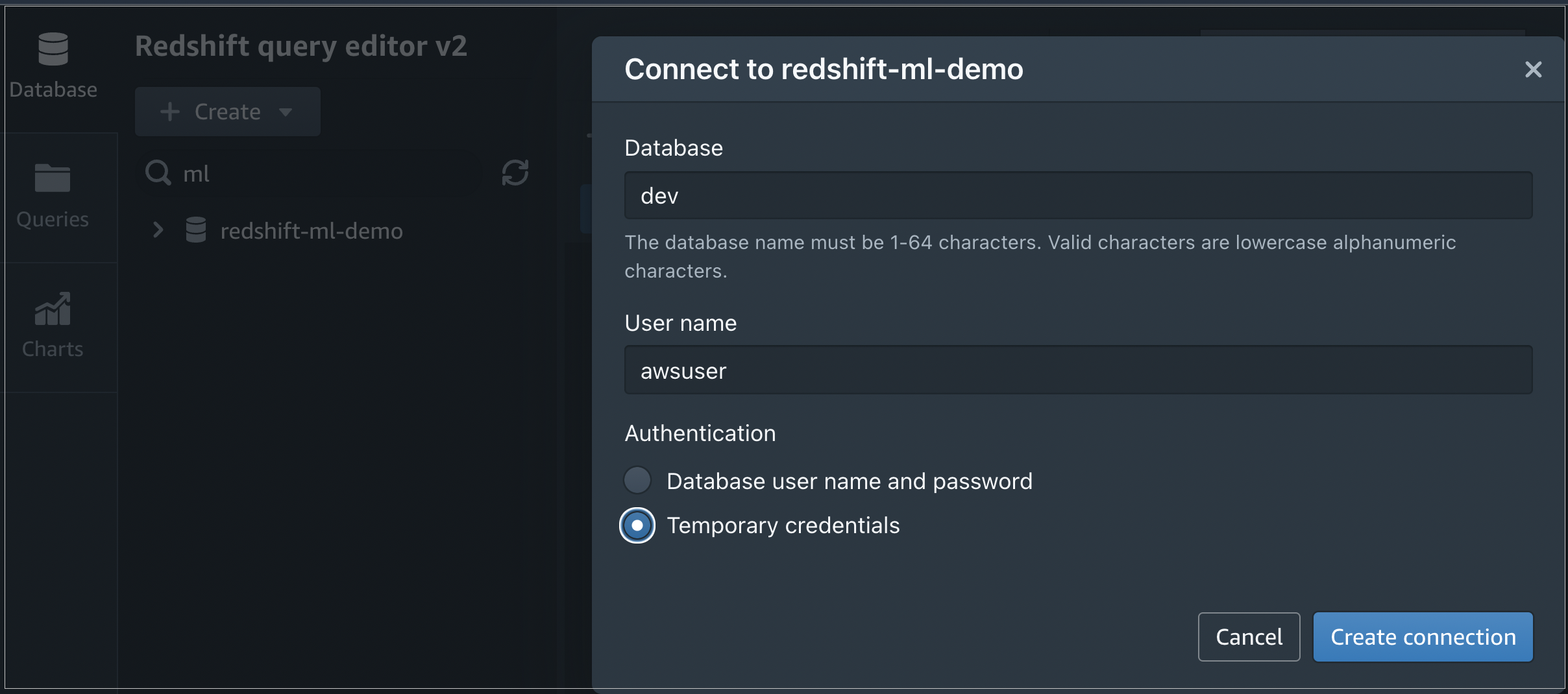 Figure 6 – Amazon Redshift connection window from Query Editor v2.
