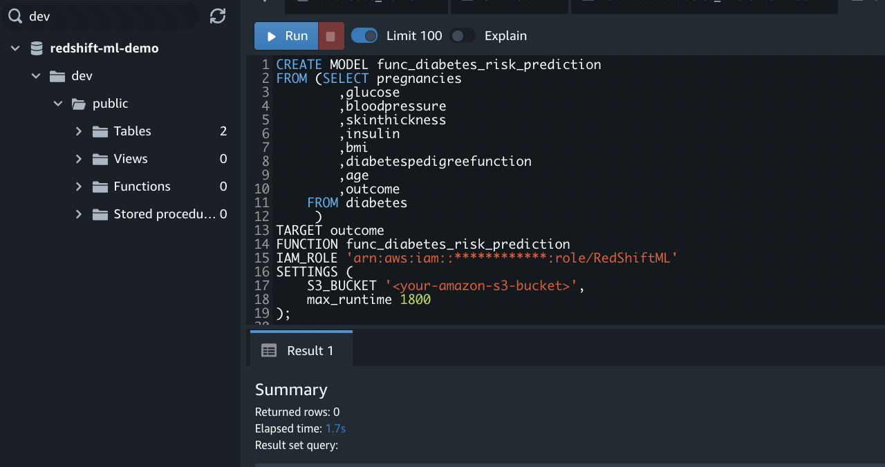 Figure 8 – Output of CREATE MODEL command.