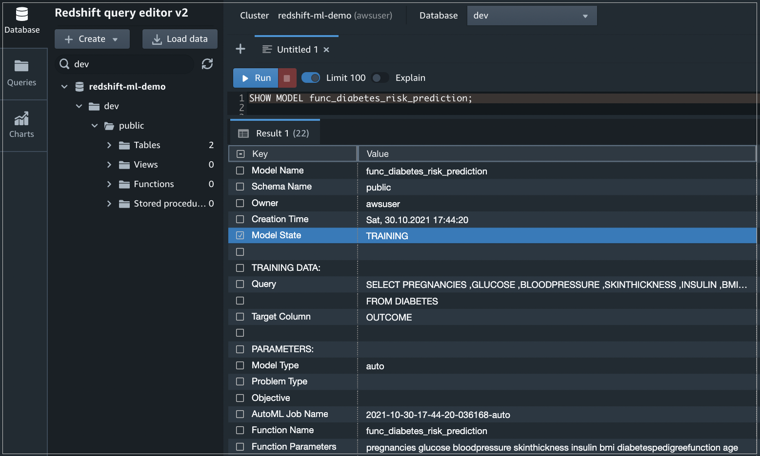 Figure 9 – The Model State shows “TRAINING” in the output of the SHOW MODEL command.