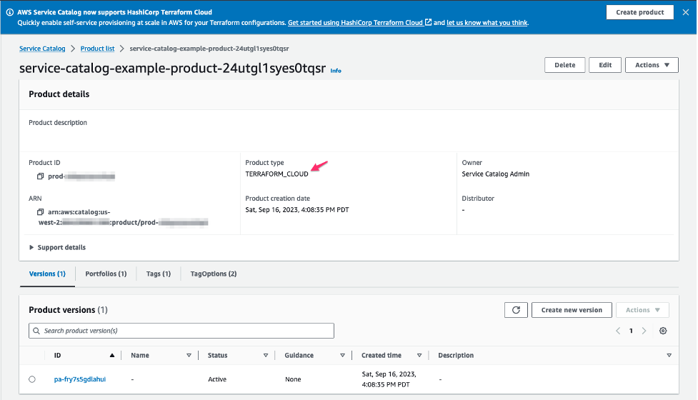 Service Catalog product details dialogue page showing a Terraform Cloud product type