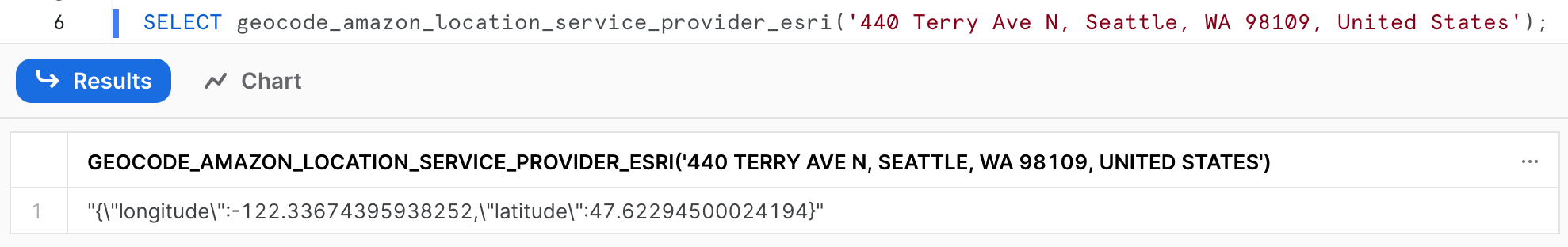 Image showing a SQL query result of an address being geocoded