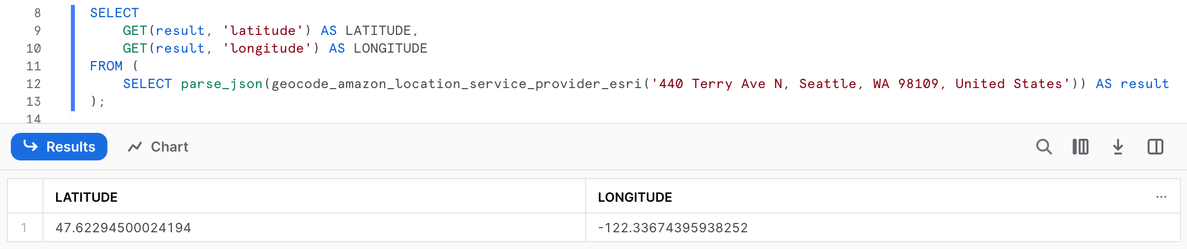 Image showing a SQL query result of an address being reverse geocoded