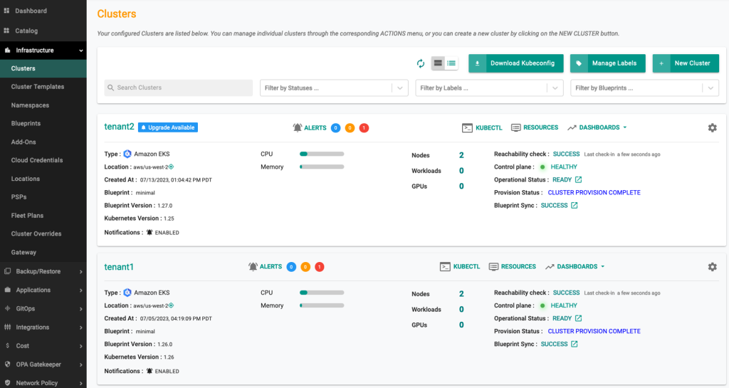 screen showing two EKS clusters named tenant1 and tenant2, both clusters are managed by Rafay