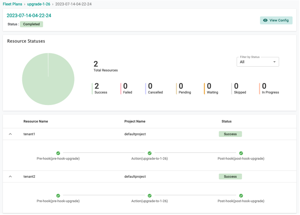 screen showing pie chart diagram with 100% completion, two total resources, two success and zero failed