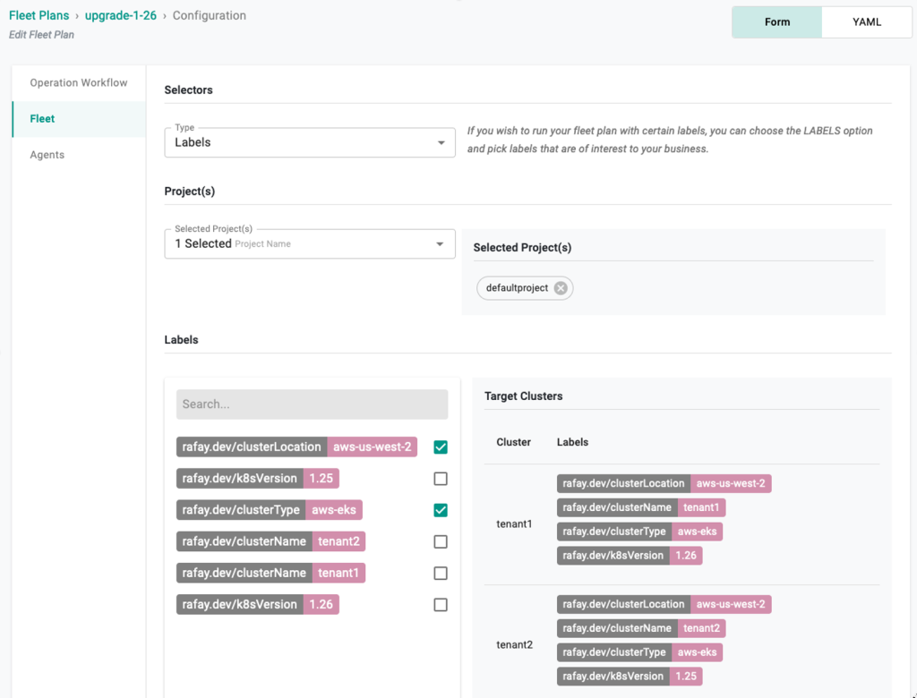 screen showing Fleet Plan console, with Operation Workflow Fleet selected on the side panel, the center screen showing list of selected labels including clusterLocation, clusterType and defaultproject