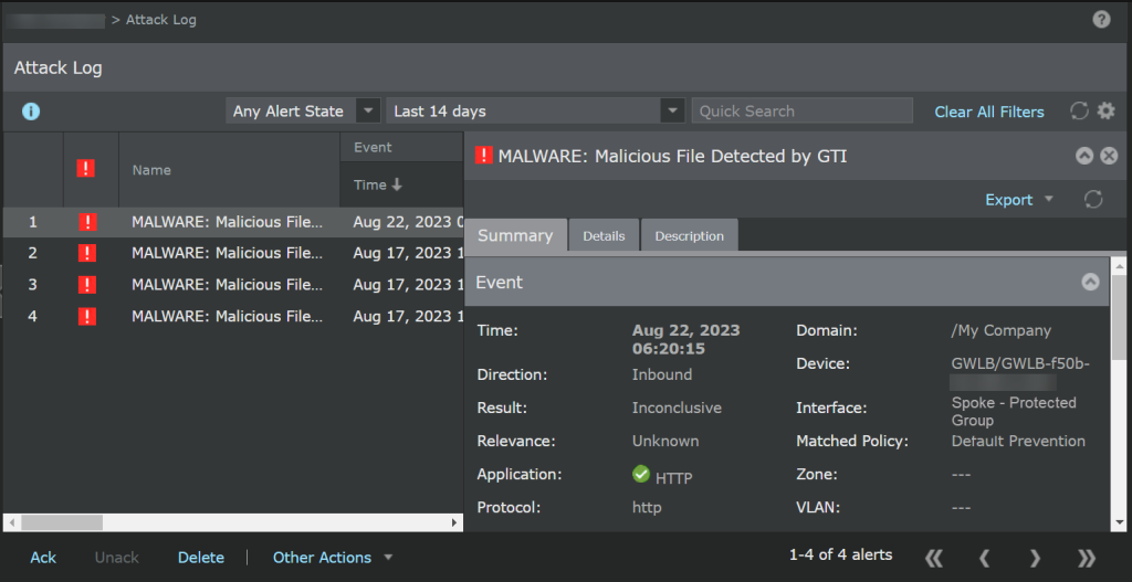 Attack Log details in Analysis tab of Trellix IPS Manager