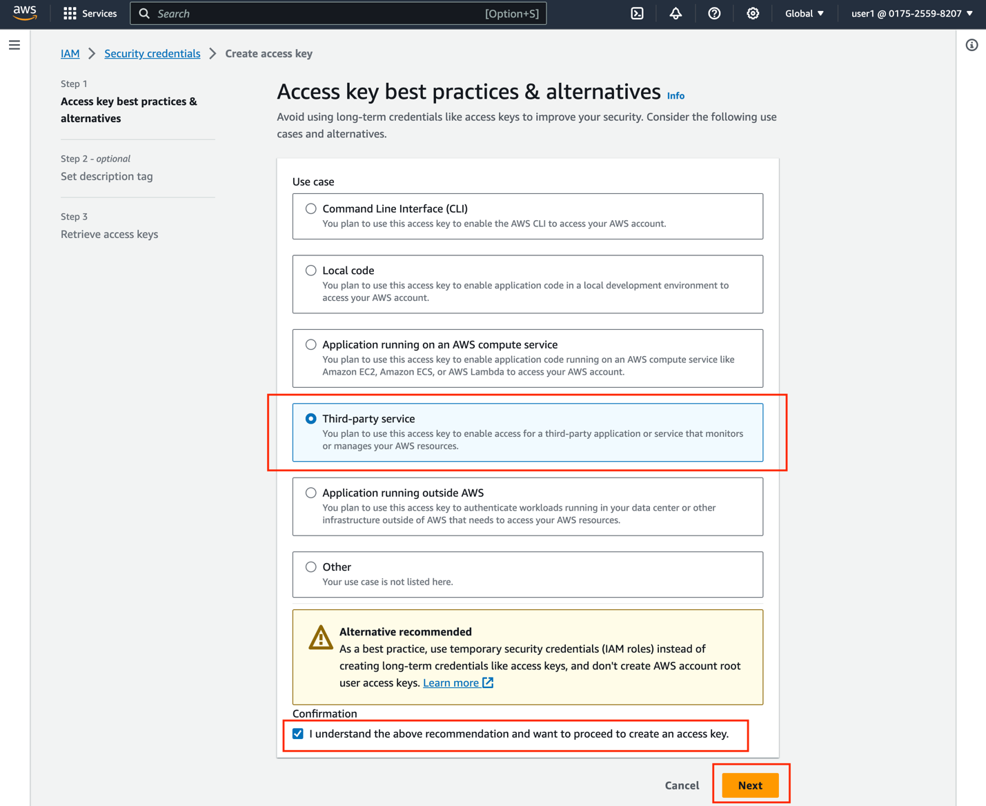 Figure 1 - Creating an access key