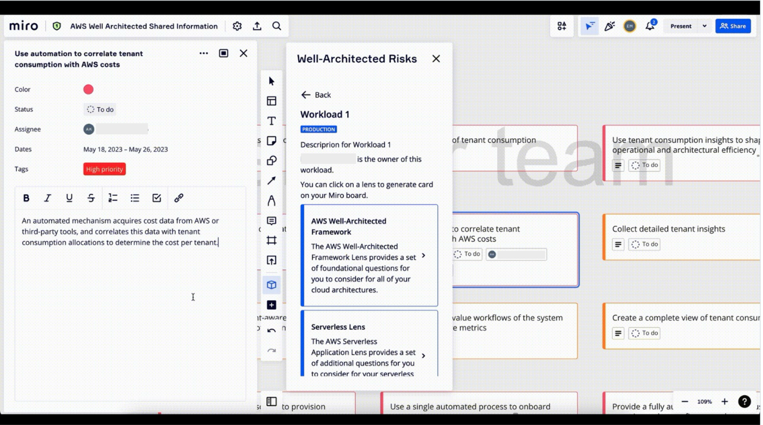 Example of a remediation task imported into Miro from the Well-Architected Tool