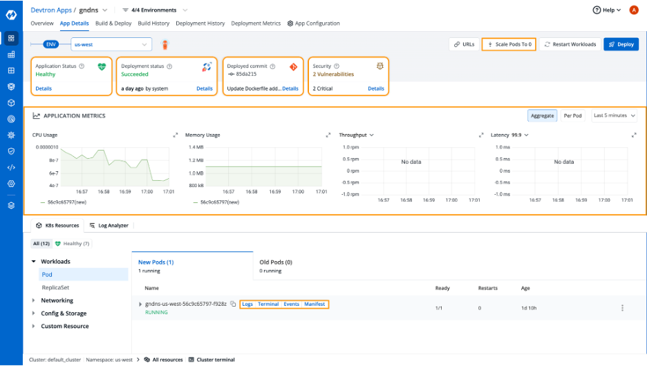 Application Details along with Pod Operations