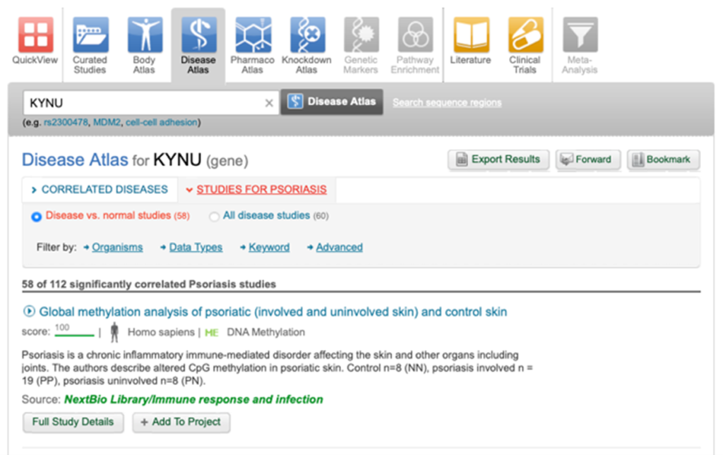 Correlation Engine interface showing psoriasis-related query results