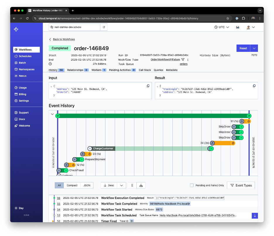 Temporal persists the entire state of a workflow, including local variables and execution position. This allows workflows to be resumed from any point after a failure or system restart.