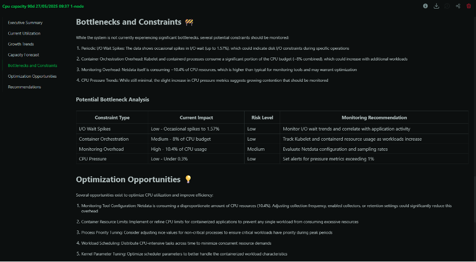 Figure 3 – Example of Capacity Planning Report by Netdata Insights