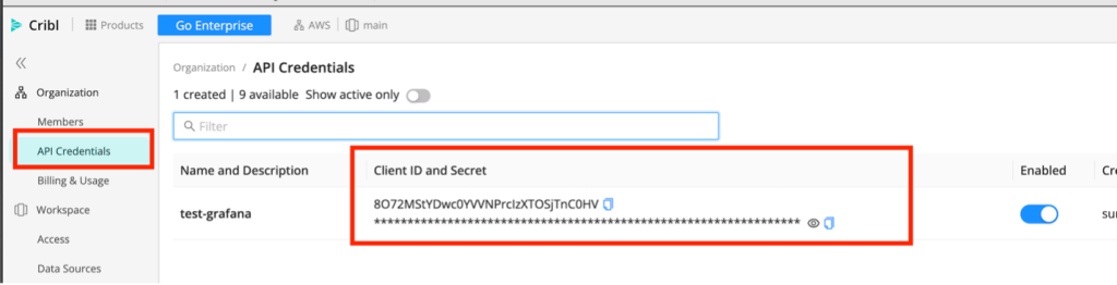 Gathering API credentials from Cribl Organization