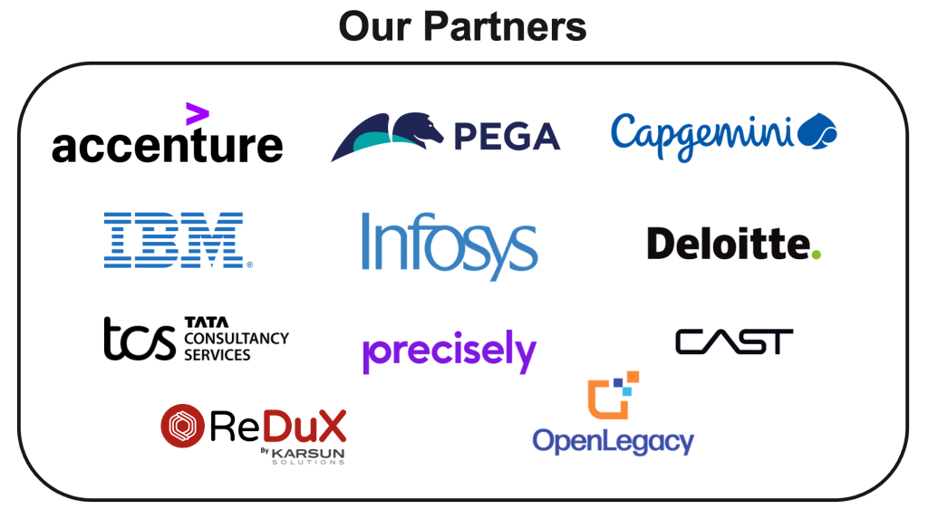 AWS Transform co-innovation partners including Accenture, IBM, Capgemini, Infosys, Deloitte, TCS, Pega, Cast, Precisely, OpenLegacy and Karsun.