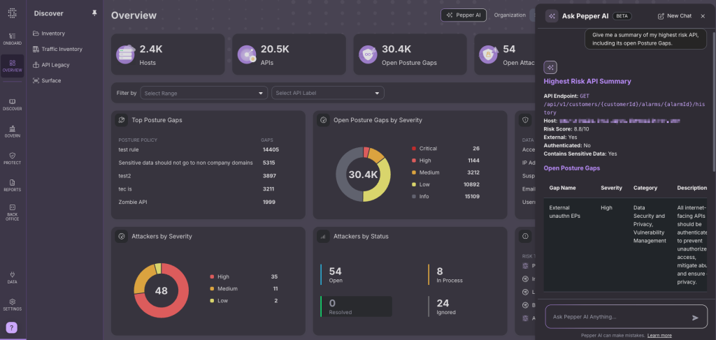 A screenshot of the Salt Security Inventory Dashboard, with the Pepper generative AI interface open. An example prompt is shown: “What APIs have the highest Risk Score?” In response, the agent provided a list of APIs in inventory sorted by risk score.