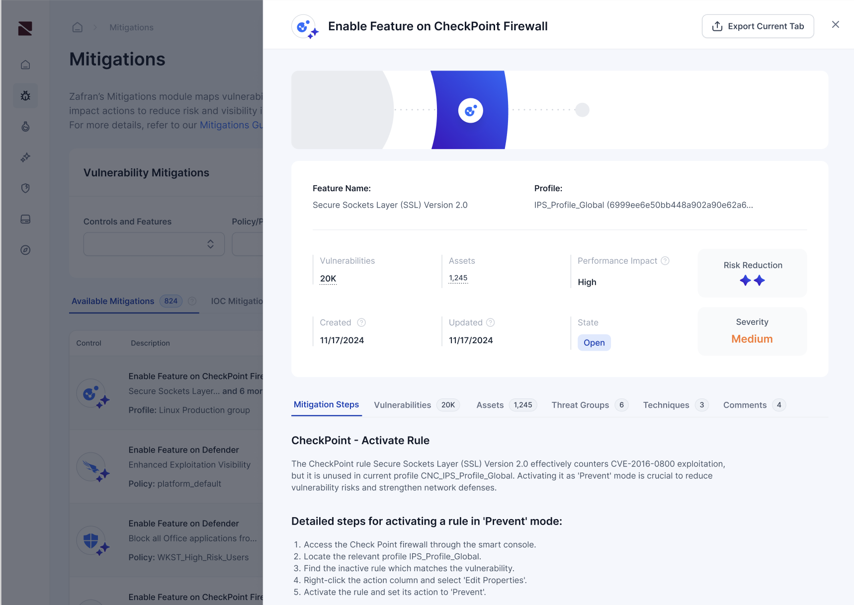 afran threat exposure management mitigation screen showing CheckPoint Firewall policy enabling Secure Sockets Layer SSL Version 2.0 feature to mitigate 20K vulnerabilities across 128 assets, demonstrating AI-powered vulnerability management rapid risk reduction without patching 