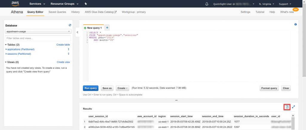 Screenshot of an Amazon Athena query
