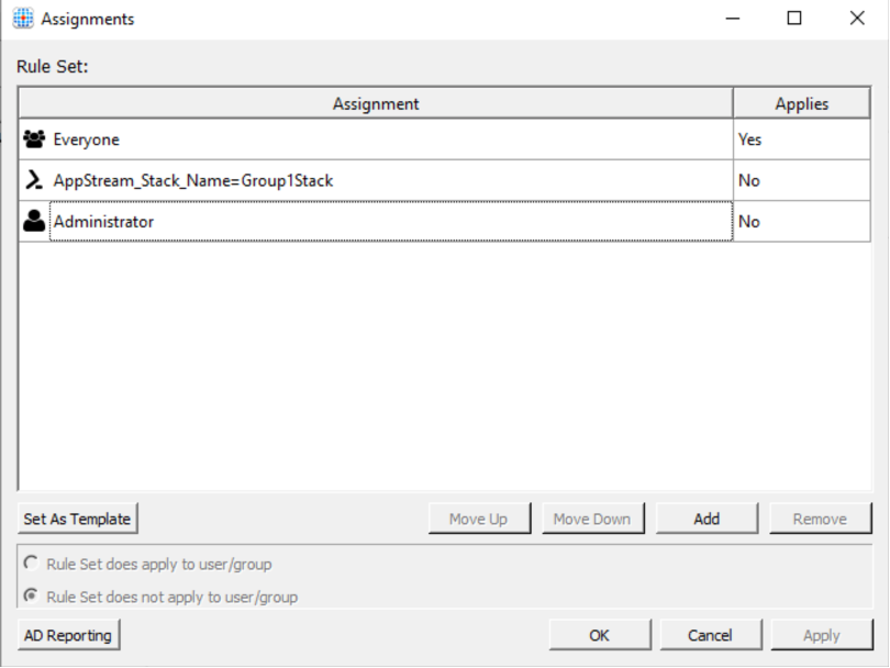 Assignments are evaluated in sequential order. For hiding rules, set Yes (under the Applied column) for Everyone at the top position