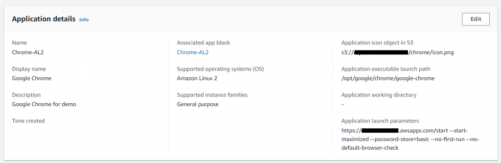 Graphical user interface for fleet details. This shows the name, display name, description, status as running, and associated stack. It shows a section called assigned applications with the application created in a previous step. It shows fleet configuration with the instance type as stream standard medium, platform type as Amazon Linux 2, fleet type as Elastic, no IAM role, 5 max concurrent sessions, stream view set to App, and default values for timeout and session duration.