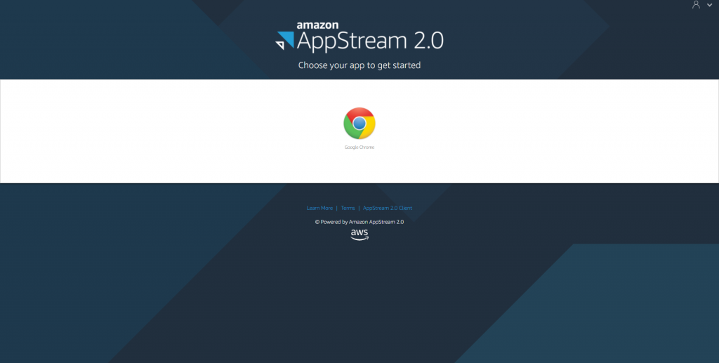 Graphical user interface for selecting an application once logging in to an AppStream 2.0 session, showing the Google Chrome icon and display name.