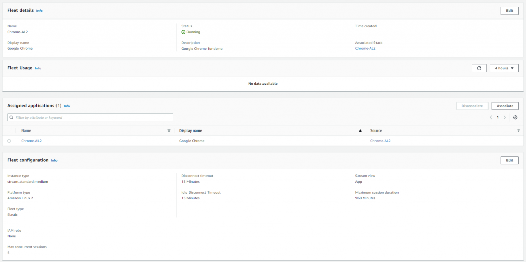 Graphical user interface for fleet details. This shows the name, display name, description, status as running, and associated stack. It shows a section called assigned applications with the application created in a previous step. It shows fleet configuration with the instance type as stream standard medium, platform type as Amazon Linux 2, fleet type as Elastic, no IAM role, 5 max concurrent sessions, stream view set to App, and default values for timeout and session duration.